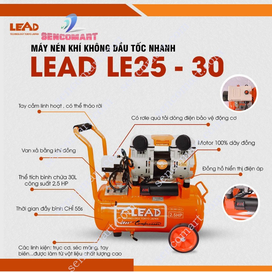 Máy Nén Khí Không Dầu Giảm Âm Lead 30L LE 25-30 Công Suất 2.5HP