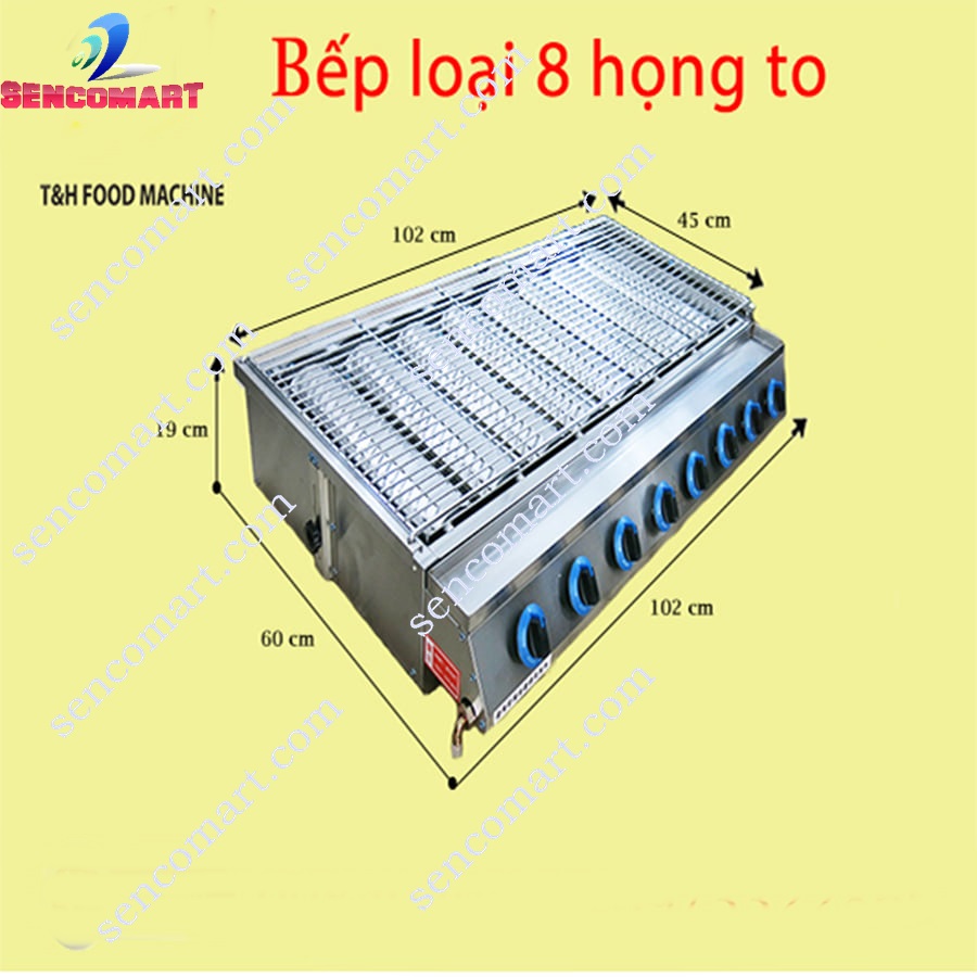 Bếp Nướng Không Khói 8 Họng To Inox 100% ( Nướng Hàu, Thịt, Xúc Xích...SENCO8T)