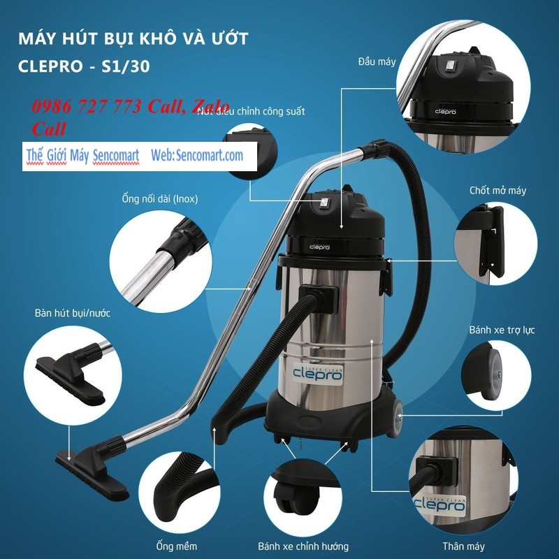 Máy hút bụi công nghiệp 30L khô và ướt Clepro S130